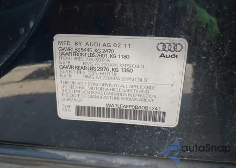 2011 Audi Q5 2.0T Premium from USA, damaged, VIN WA1LFAFP0BA081241